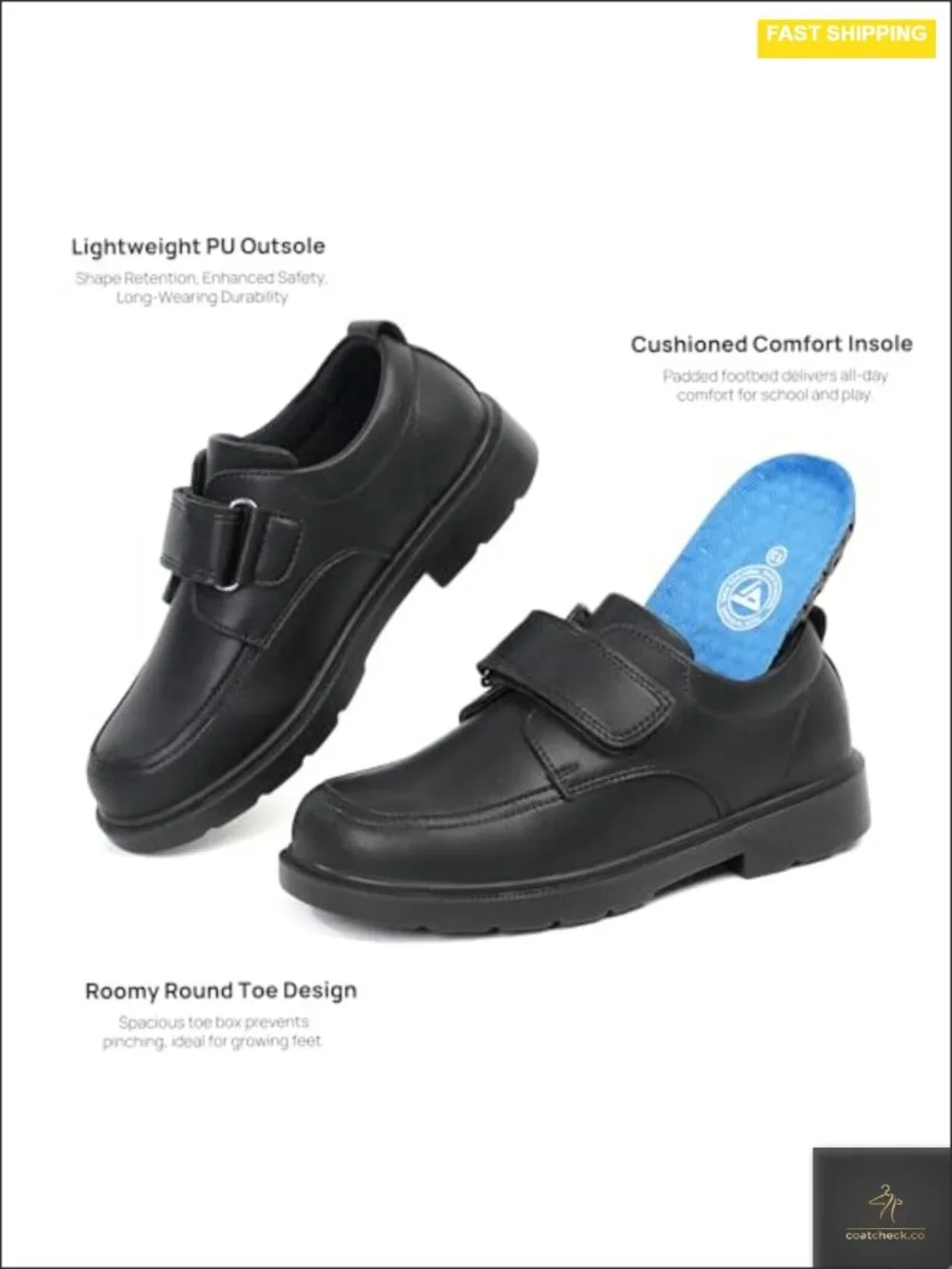Boys School Uniform Loafers with Hook and Loop Strap - Lightweight Dress Shoes